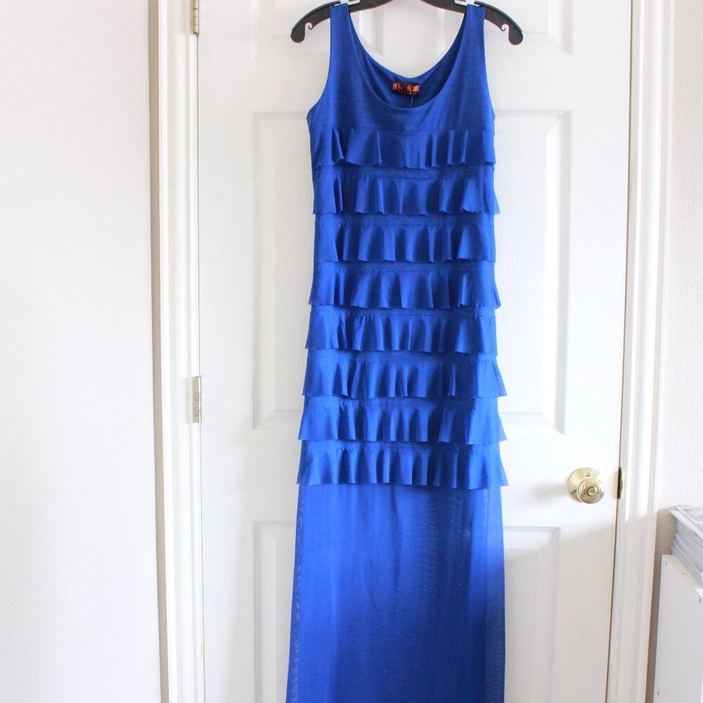 Isle by Melissa Kozan Royal Blue Tiered Ruffle Maxi Cha Cha Dress Size Small
